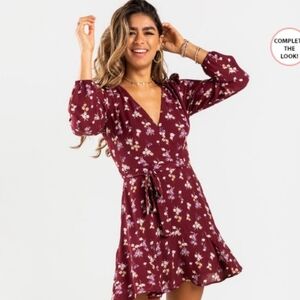 Francesca's Collections Burgundy Floral Long Sleeve Dress